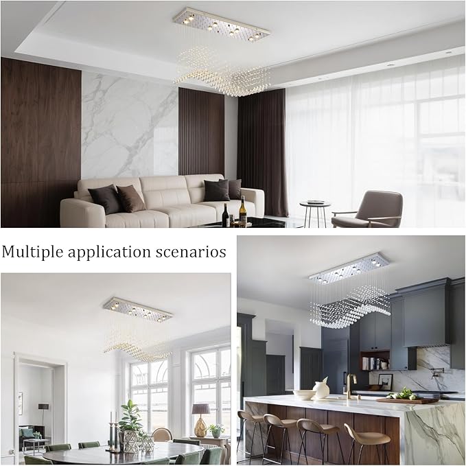 Modern Rectangle Crystal Raindrop Chandelier: 39.4" Chrome Dimmable 3 Color Led Chandeliers with Remote - Contemporary Wave Flush Mount Ceiling Light for Kitchen Island Dining Room Living Room Foyer