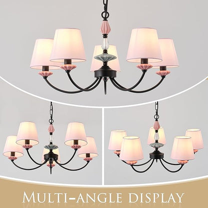 Pink Chandelier for Bedroom Light Fixture，Art Deco Chandelier with Fabric Shade,Antique Modern Chandeliers paired with Ceramic，Black Chandelier for Girls Bedroom，Living Room，Dining Room