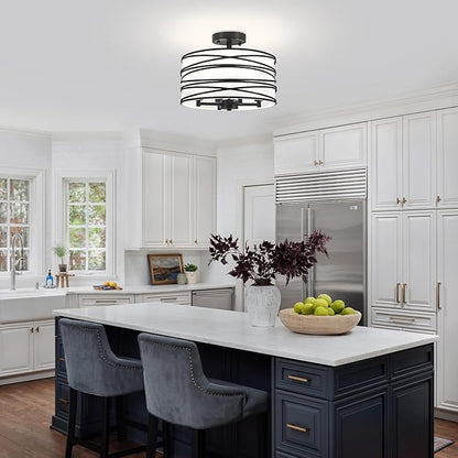 TOULMJ 4-Light Semi Flush Mount Ceiling Light, Black Drum Chandelier with White Fabric Shade, Modern Entryway Light Fixtures for Kitchen Island Laundry Room Hallway Dining Room