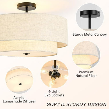 4-Light Semi Flush Mount Ceiling Light, 19.7" Double Drum Ceiling Light Fixture with Linen Fabric Shade, Modern Black Ceiling Light for Dining Room, Living Room, Bedroom, Kitchen, Hallway, Entryway