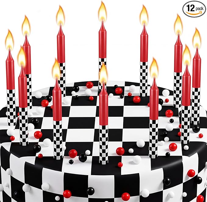 Conelist 12 Pcs Racing Car Themed Birthday Candles Cartoon Red Black White Birthday Decorations Movie Cake Toppers for Racing Car Themed Party Supplies