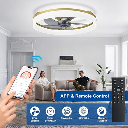 DLLT LED Ceiling Fan with Light: 20" Modern Low Profile Flush Mount Fandelier with App & Remote Control - Dimmable Gold Bladeless Fan Light Fixture for Bedroom Kids Room Living Room