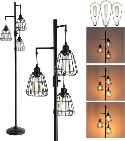 9MMML 68” Living Room Floor Lamp, Industrial Farmhouse 3 Teardrop Cage Standing Lamp,Black Tall Floor Lamp for Bedroom Office, 3 LED Edison Bulbs Included