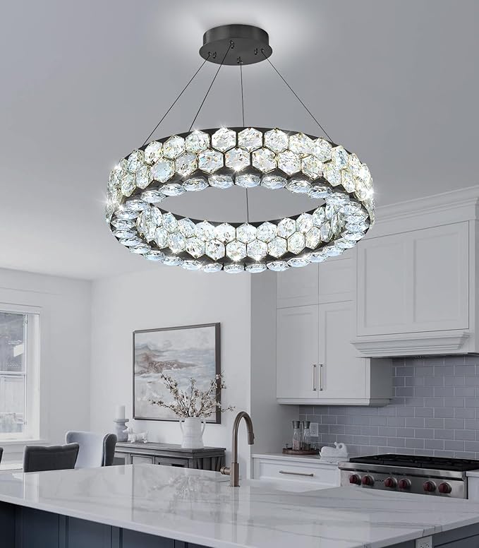 Modern Crystal Chandelier Ring Chandeliers for Dining Room Living Room Round LED Dimmable Ceiling Light Fixture for Bedroom Hallway Foyer Black