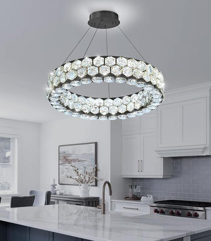 Modern Crystal Chandelier Ring Chandeliers for Dining Room Living Room Round LED Dimmable Ceiling Light Fixture for Bedroom Hallway Foyer Black