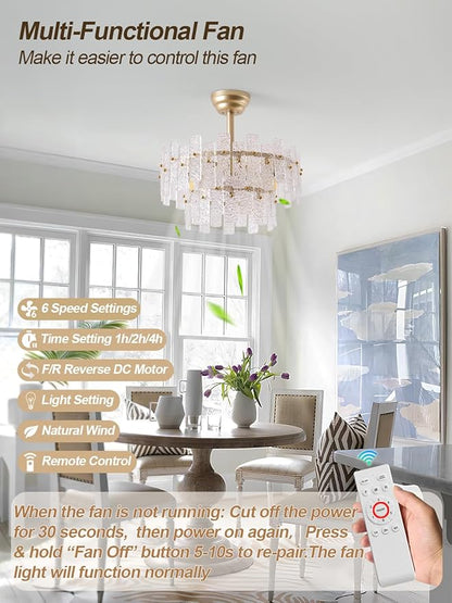 20" Gold Fandelier Ceiling Fan with Light,Gold Crystal Chandelier Ceiling Fans with Lights and Remote Control,Mid-Century Modern Caged with 6 Speeds for Living Room Bedroom Nursery