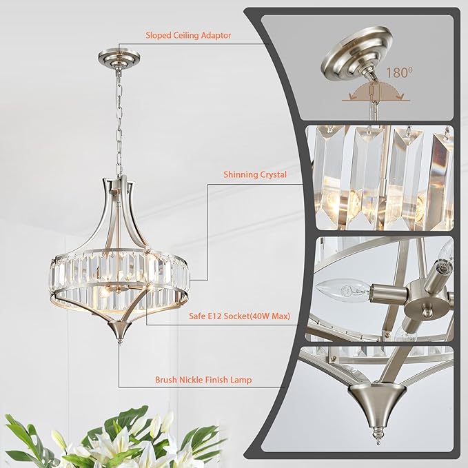 Crystal Chandeliers for Dining Room, Round Rustic Farmhouse Chandelier, Metal Shade, 4-Light Modern Brushed Nickel Chandelier for Hallway, Bedroom, Foyer