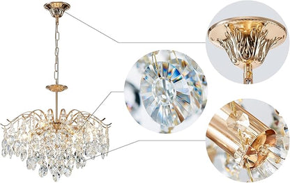 Saint Mossi 6-Light Gold Crystal Chandeliers, Middle Century Dining Room Light Fixture, Modern Pendant Light for Living Room, D20 x H17, Adjustable Chains 59", Chopper Finish Metal Frame