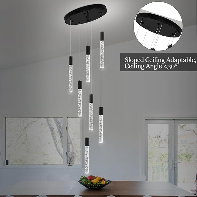Modern High Ceiling Crystal Chandelier 7-Lights, Spiral LED Raindrop Foyer Pendant Lighting, Bubble Staircase Living Room Hanging Light Fixture Flush Mount Black