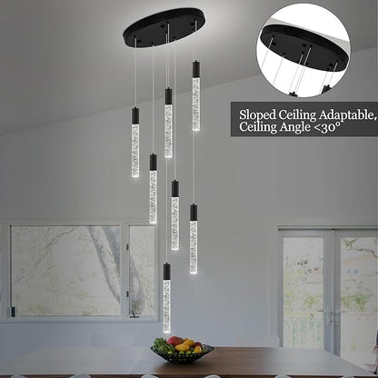 7-Lights High Ceiling Crystal Chandelier, Modern LED Raindrop Pendant Light Fixture 60" H Flush Mount Chandelier Black for Foyer Staircase Living Room