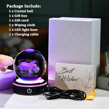 YWHL 3D Hippo Crystal Ball Figurine with LED Base Laser Hippopotamus Gifts for Women Men on Christmas Birthday Decorative Hippo Ball Glass Hippopotamus Globe for Home Decor (80mm)