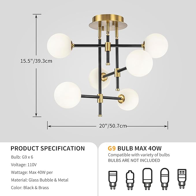 6-Light Rotatable Glass Bubble Ceiling Lights, Modern Flushmount Light Fixture for Dining Room, Bedroom, D20 * H15.5 inch, Milk Glass Bubble & Black & Gold Finish