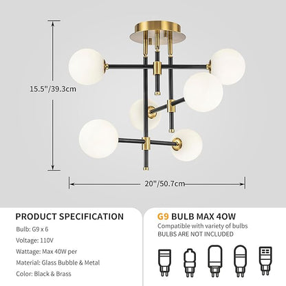 6-Light Rotatable Glass Bubble Ceiling Lights, Modern Flushmount Light Fixture for Dining Room, Bedroom, D20 * H15.5 inch, Milk Glass Bubble & Black & Gold Finish