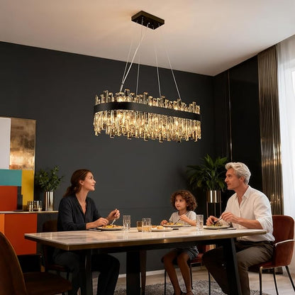 Weesalife Black Crystal Chandeliers for Dining Room Lights Fixtures Over Table, 16 Lights Modern Rectangle 2-Tier Chandeliers for Kitchen Island Bar L32 Inch