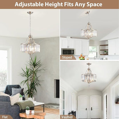 Modern Crystal Chandeliers Round 4-Light Large Brushed Nickel Pendant Lighting Fixture for Dining Room Living Room Kitchen Island Bedroom Hallway Hall Foyer, 15.7"