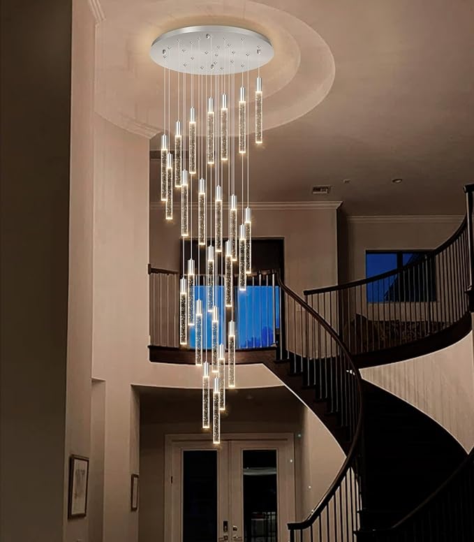 HAIXIANG W24 x H157 Glam Chandelier Bubble Crystal Ceiling Chandeliers Remote Dimmable LED Light High Ceiling Pendants Light Fixtures Adjustable Long Lights 24-Lights Silver Lamp