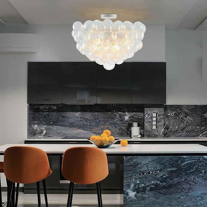 Hand Blown Glass Bubble Ball Chandelier White Finish 24" Semi-Flush Mount Ceiling Lights Art Deco Cluster Ribbed Glass Globe Chandeliers Light Fixture for Dining Living Hall Entry Foyer