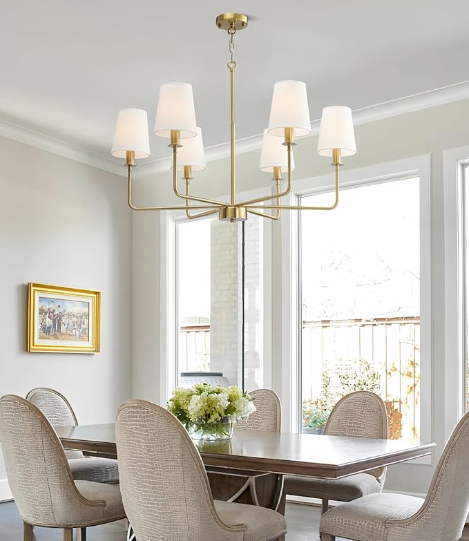6-Light Classic Chandelier with Brushed Gold Finish & Linen Shades, E12 Base Rustic Ceiling Light Fixture for Kitchen Island, Dining Room, Entryway, Industrial Farmhouse Lighting