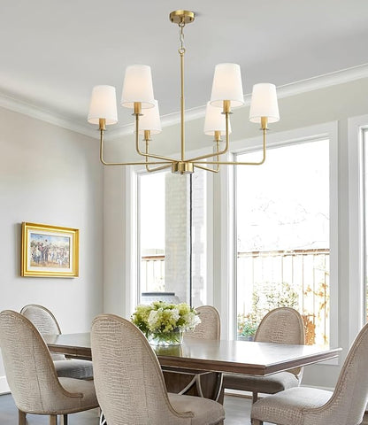 6-Light Classic Chandelier with Brushed Gold Finish & Linen Shades, E12 Base Rustic Ceiling Light Fixture for Kitchen Island, Dining Room, Entryway, Industrial Farmhouse Lighting