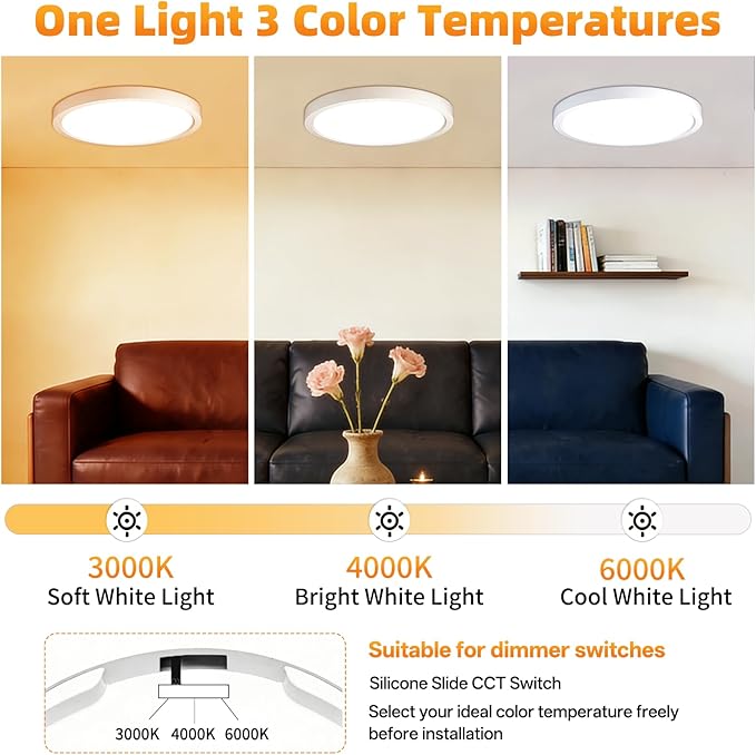 7 Inch 2Pack Super Slim Flush Mount Ceiling Light Fixture,18W 1400LM Dimmable 3CCT Selectable 3000K-6000K Round Light Fixture for Living/Bedroom,Kitchen/Bathroom,Porch &All Indoor Spaces White
