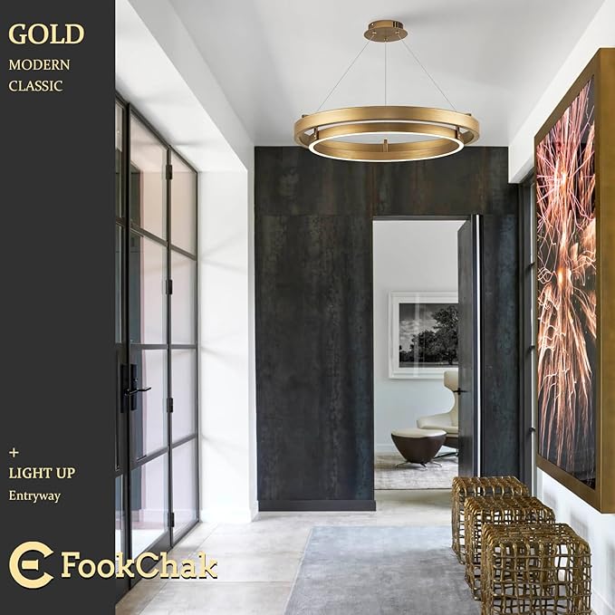 LED Ring Chandelier Gold Round Chandelier 30W Entry Chandeliers Light Brass Gold Dimmable Chandeliers for Dining Room Entryway Kitchen Island Bedroom Living Room, 24in