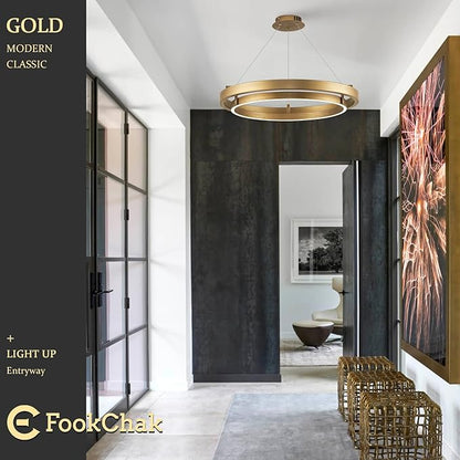 LED Ring Chandelier Gold Round Chandelier 30W Entry Chandeliers Light Brass Gold Dimmable Chandeliers for Dining Room Entryway Kitchen Island Bedroom Living Room, 24in