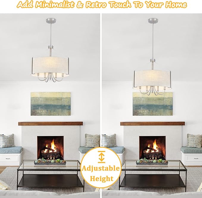Drum Chandelier for Dining Room, 5-Light Modern Brushed Nickel Chandelier with Linen Shade, 18" Hanging Linen Drum Pendant Ceiling Light Fixture for Entryway, Foyer, Living Room, Kitchen, Bedroom