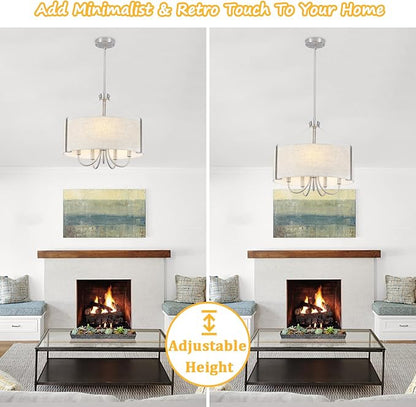 Drum Chandelier for Dining Room, 5-Light Modern Brushed Nickel Chandelier with Linen Shade, 18" Hanging Linen Drum Pendant Ceiling Light Fixture for Entryway, Foyer, Living Room, Kitchen, Bedroom