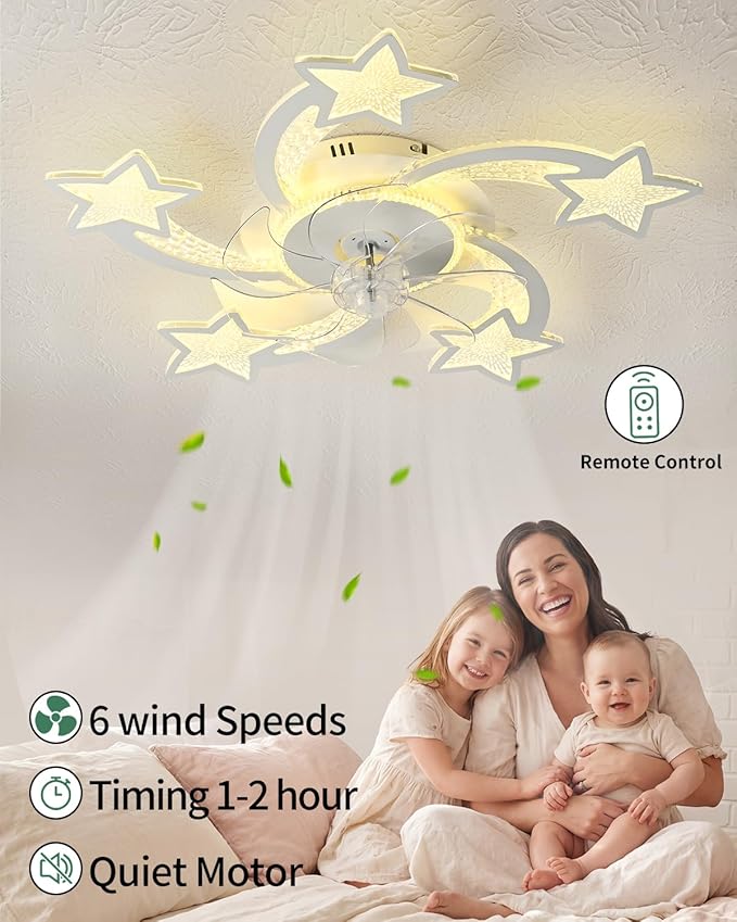 Yfrest Modern Ceiling Fan with Lights Remote Control, White Star Ceiling Fan with Light APP Control, 6 Speeds 3 Light Color Low Profile Ceiling Fan for Kitchen Bedroom