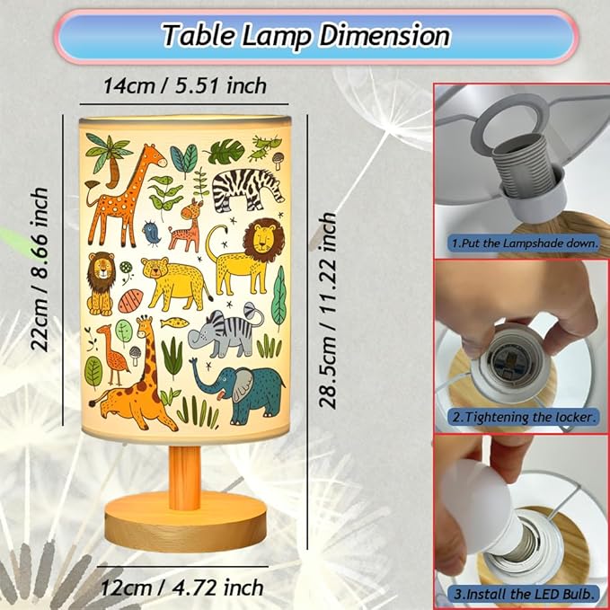 Animal Kids Bedside Table Lamp for Bedroom, 3 Colors Nightstand Light Lamp with Wood Base Round Flaxen Fabric Shade Desk Reading Lamp for Girls Boys Room Decor, Animal Nursery Stuff Girls Gifts