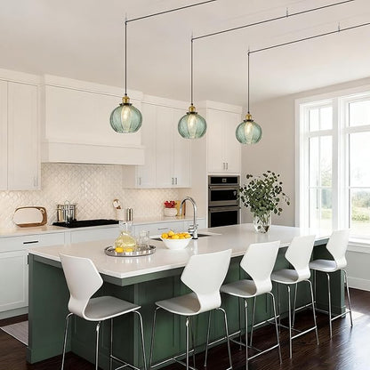 Modern Plug in Hanging Light, 7.8 Inch Glass Pendant Light with 14.76 FT Adjustable Plug in Cord, Vintage Green Hanging Lamp for Dining Room Bedroom Kitchen Island Bathroom E26