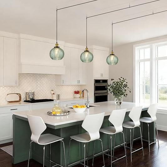 Modern Plug in Hanging Light, 7.8 Inch Glass Pendant Light with 14.76 FT Adjustable Plug in Cord, Vintage Green Hanging Lamp for Dining Room Bedroom Kitchen Island Bathroom E26
