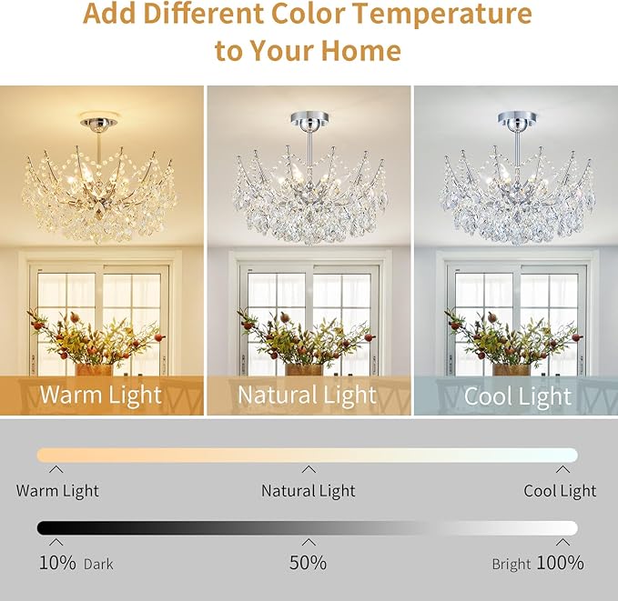 Crystal Ceiling Light Fixture, 6-Lights Modern Crystal Chandeliers for Dining Room Light Fixture, Semi Flush Mount Ceiling Light for Bedroom Kitchen Hallway Entryway Foyer Bathroom Living Room