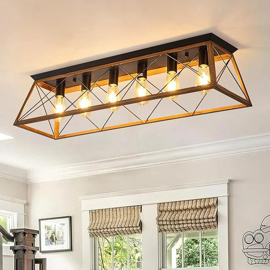 38” Large Flush Mount Ceiling Light Fixture, 6-Light Vintage Industrial Flush Mount Chandelier with Cage Design, Walnut Finish Farmhouse Lighting for Dining Room Kitchen Island Living Room Hallway