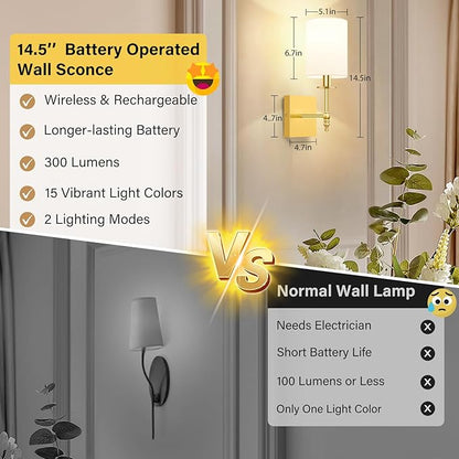 Bosceos 14.5 Inch Battery Operated Wall Sconces Set of 2, Gold Rechargeable Wall Lights with Remote, Wireless Wall Lamps with 15 Color Dimmable Bulbs for Bedroom Living Room Hallway Decor