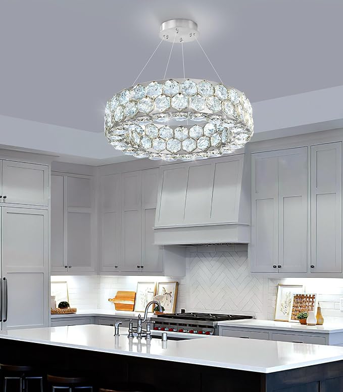 Crystal Chandeliers Modern Rings Pendant Light LED Dimmable Ceiling Light for Bedroom Dinning Room Kitchen Silver