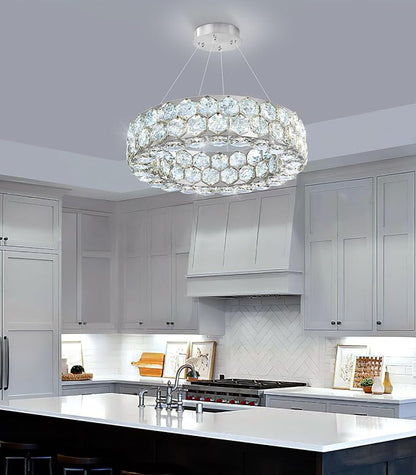 Crystal Chandeliers Modern Rings Pendant Light LED Dimmable Ceiling Light for Bedroom Dinning Room Kitchen Silver