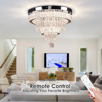 Crystal Chandeliers Modern Crystal Chandelier Flush Mount Ceiling Light Fixture with Remote Control for Bedroom Dining Room Living Room (16 inch Dimmable)