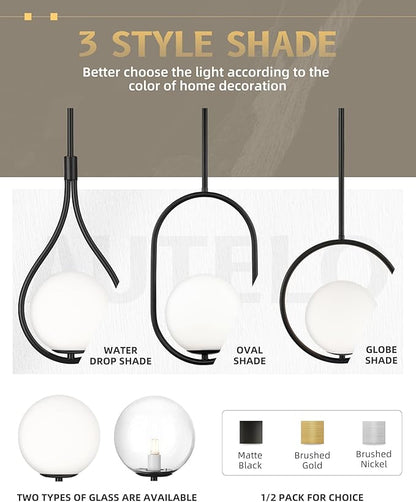 AUTELO 2 Pack Pendant Lights Kitchen Island, Modern Pendant Lights in Black Finish with Milky White Globe Glass, Black Pendant Light Fixtures, 1-Light Hanging Lamp for Kitchen Island H9377 MGBK-2PK