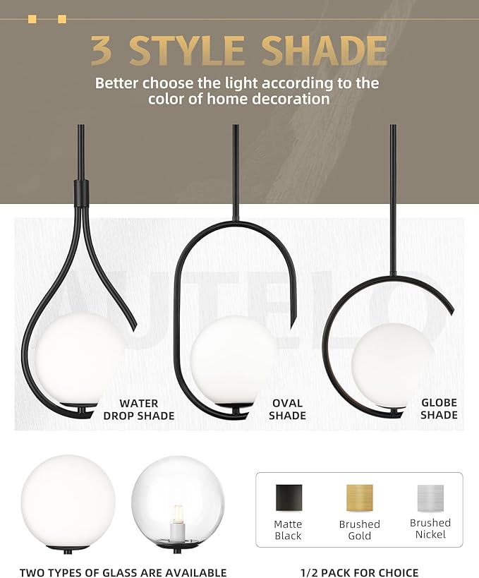 AUTELO 1-Light Pendant Lights Kitchen Island, Matte Black Glass Pendant Lights with Milky White Globe Hanging Lamp, Adjustable Rods for Kitchen Bar Dining Room, H9380 MGBK