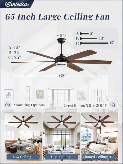 Fanbulous 65 Inch Ceiling Fans with Lights, Farmhouse Large Ceiling Fans with Remote, Black&Brown Modern Ceiling Fan with LED Light, Quiet DC Motor for Living Room, Bedroom, Kitchen, Indoor