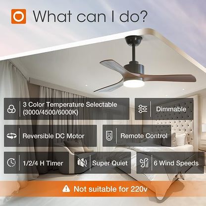 addlon 42 inch Ceiling Fans with Lights and Remote Control, Reversible, 3 Wood Blades, 6 Speeds, 3CCT Dimmable, Noiseless, Indoor/Outdoor Black Walnut Ceiling Fan for Bedroom Living Room Gazebo Patio