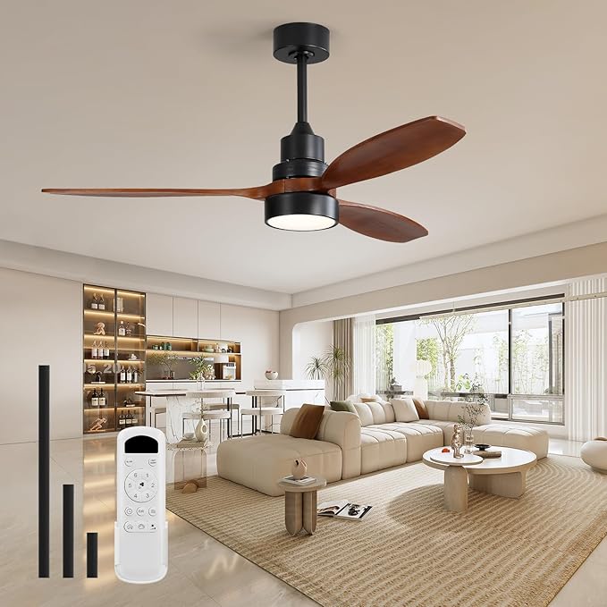 Sofucor Ceiling Fan with Lights and Remote, 52 inch Modern LED Ceiling Fan with 3 Wood Blades and 3 Black Downrods, for Indoor Bedroom Living Room Outdoor Patio Porch, Reversible, Quiet and Powerful