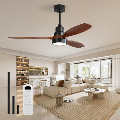Sofucor Ceiling Fan with Lights and Remote, 52 inch Modern LED Ceiling Fan with 3 Wood Blades and 3 Black Downrods, for Indoor Bedroom Living Room Outdoor Patio Porch, Reversible, Quiet and Powerful