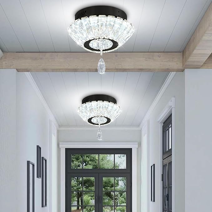 Black 12'' LED Mini Crystal Chandelier Dimmable Flush Mount Ceiling Light for Hallway Modern Living Room Bedroom Dining Room Foyer