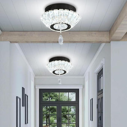 Black 12'' LED Mini Crystal Chandelier Dimmable Flush Mount Ceiling Light for Hallway Modern Living Room Bedroom Dining Room Foyer