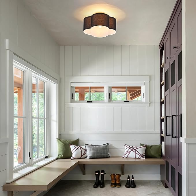 VILUXY Black Semi Flush Mount Ceiling Light Fixture, 4-Light Modern Ceiling Light with Linen Fabric Shade Farmhouse Drum Close to Ceiling Light for Bedroom Hallway Nursery Entryway, UL Listed