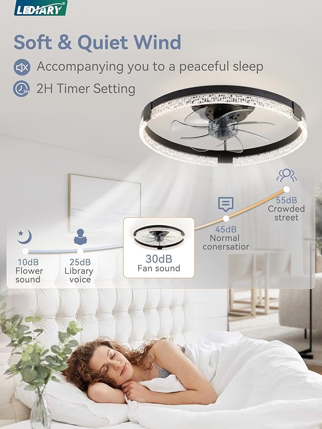 LEDIARY Flush Mount Ceiling Fan with Lights and Remote, 19.7'' Low Profile, 3000-6000K Dimmable Fandelier, 6 Wind Speeds, Black Modern LED Fan Light for Bedroom