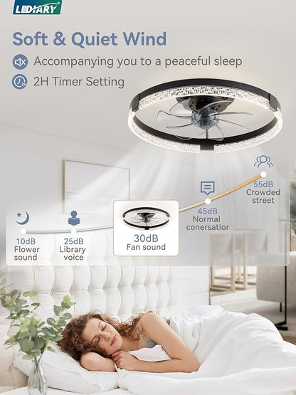 LEDIARY Flush Mount Ceiling Fan with Lights and Remote, 19.7'' Low Profile, 3000-6000K Dimmable Fandelier, 6 Wind Speeds, Black Modern LED Fan Light for Bedroom