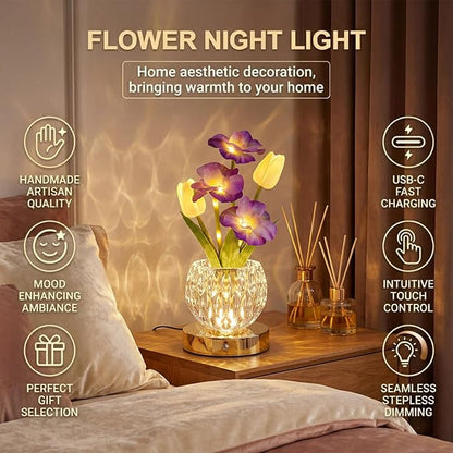 Flower Table Lamp, 3 Colors Tulip Night Light, Cordless Touch Dimming Flower with Vase Lamp, LED Desktop Decorative Landscape Lights for Festival Party Home Decor (Purple-Sakura)